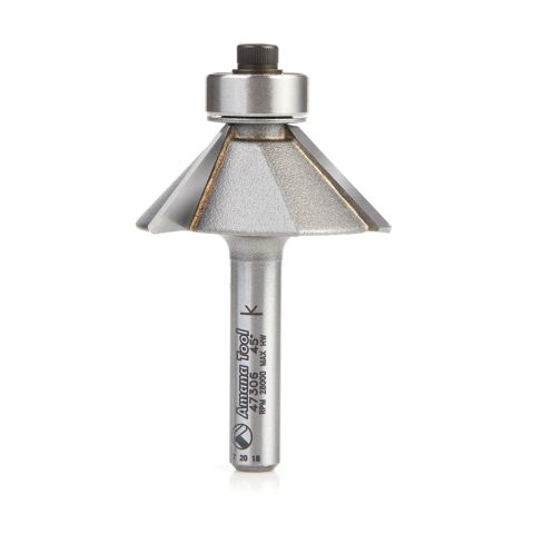 Amana Tool 47306 Carbide Tipped Chamfer 45 Deg x 1-19/64 Dia x 7/16 x 1/4 Inch Shank with Ball Bearing 3-Flute