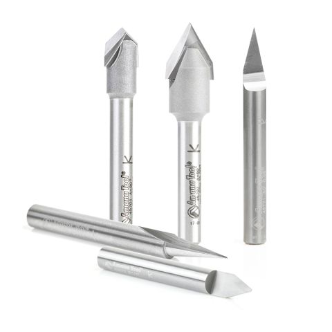 Amana Tool AMS-159 5-Pc Solid Carbide and Carbide Tipped 18, 30, 45, 60 & 90 Degree V-Groove Router Bit Pack, 1/4 Inch Shank