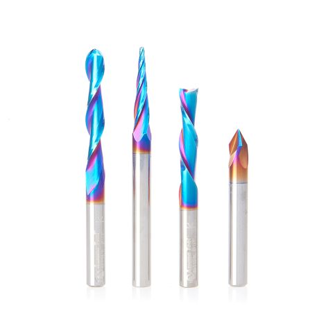 Amana Tool AMS-314-K 4-Pc Spektra™ Extreme Tool Life Coated CNC  Signmaking & Engraving, 1/4 Inch Shank Pack